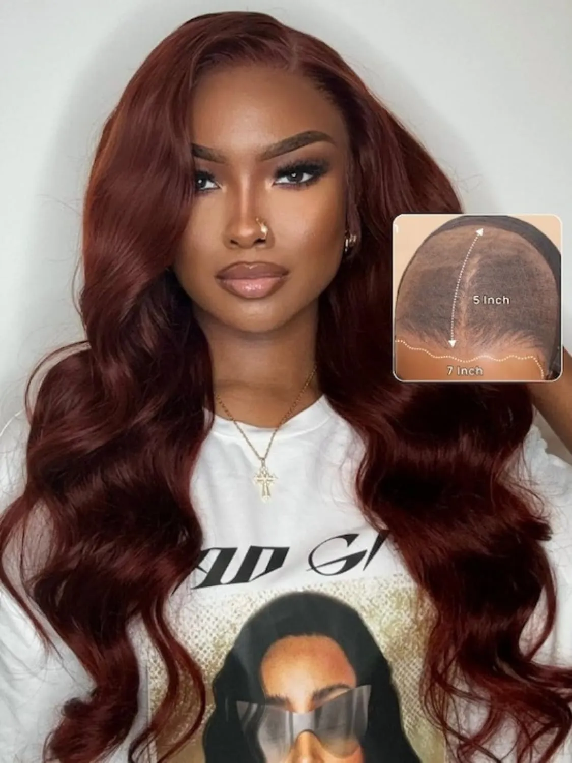Nadula Bye Bye Knots Glueless Reddish Brown Body Wave Wig 7x5 Pre Cut Lace Front Wigs Human Hair Pre Plucked Pre Bleached Ready to Wear Pre Everything Glueless Wig 150% Density 16inch