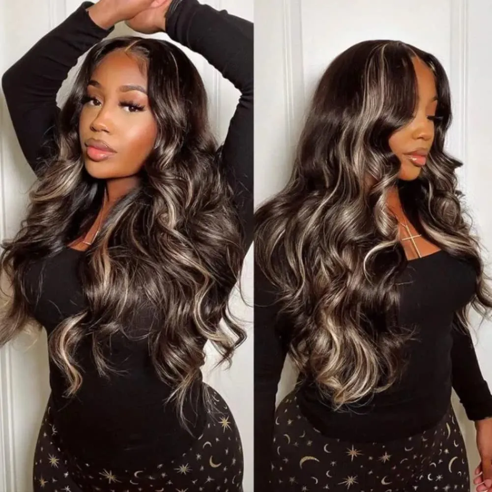 Nadula Bye Bye Knots Glueless Wig Blonde Highlight Body Wave Wig Human Hair Pre Plucked Chocolate Brown Pre Cut Lace 7x5 HD Wear and Go Wigs Ready to Wear Beginners Wig for Women 16inch