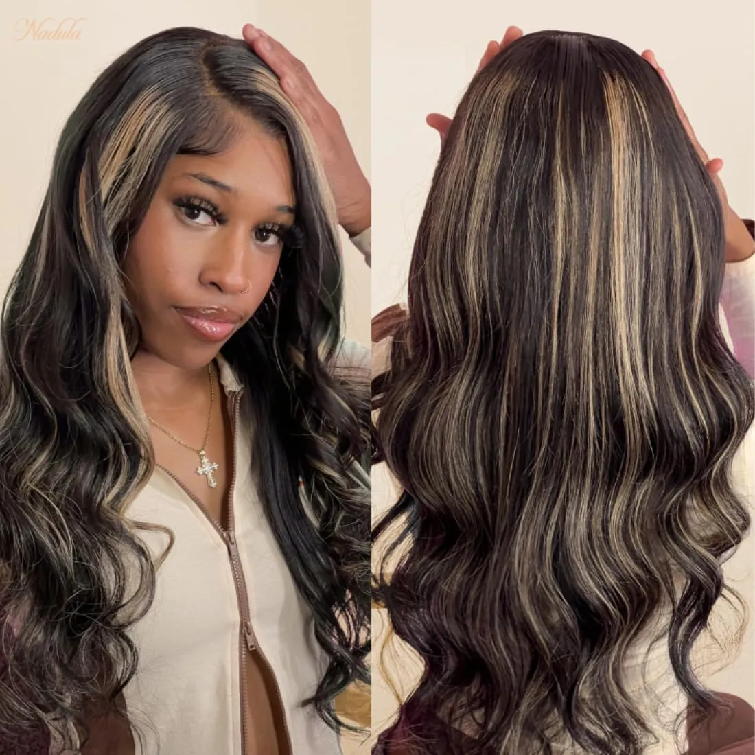 Nadula Bye Bye Knots Glueless Wig Blonde Highlight Body Wave Wig Human Hair Pre Plucked Chocolate Brown Pre Cut Lace 7x5 HD Wear and Go Wigs Ready to Wear Beginners Wig for Women 16inch