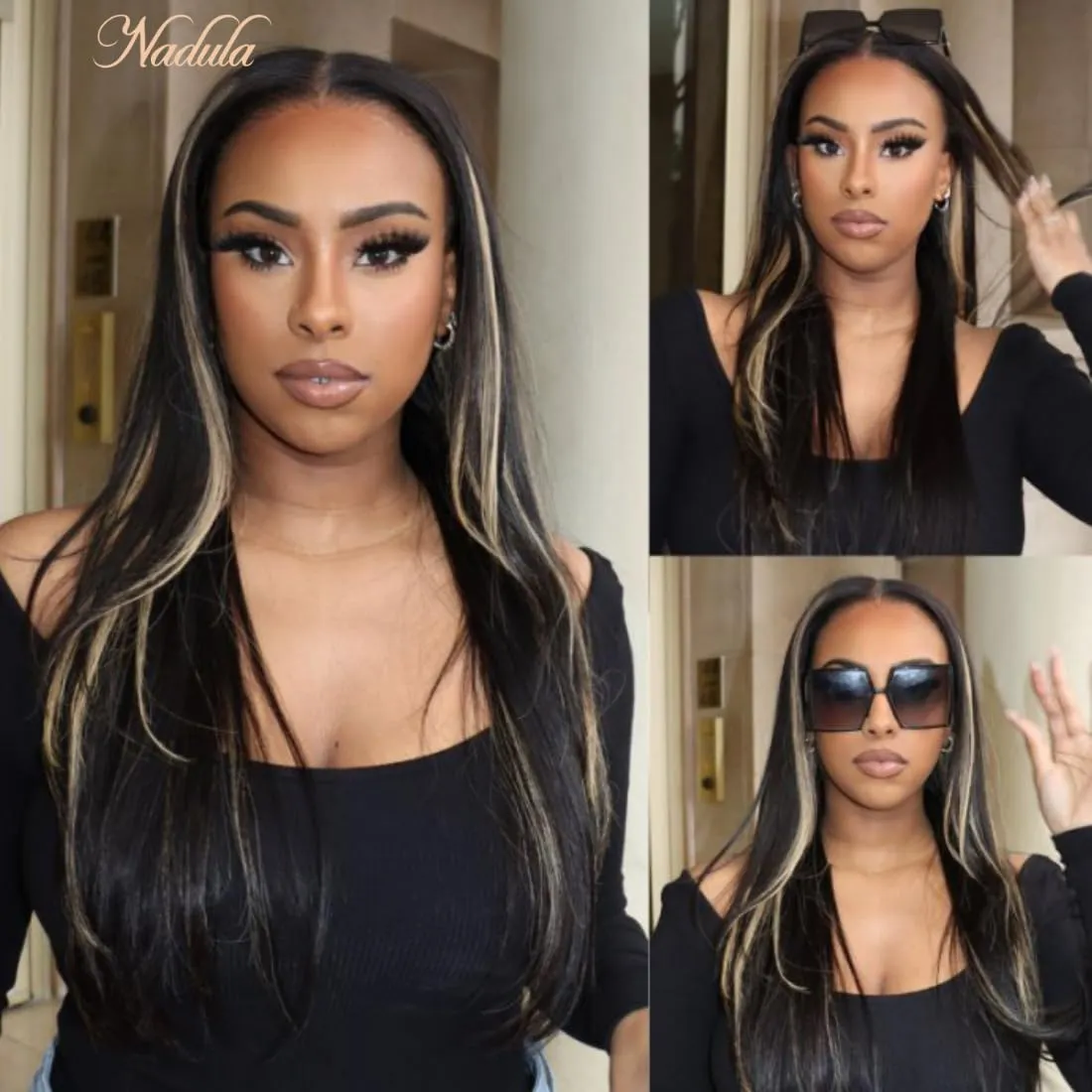 Nadula Bye Bye Knots Glueless Wig Blonde Highlight Body Wave Wig Human Hair Pre Plucked Chocolate Brown Pre Cut Lace 7x5 HD Wear and Go Wigs Ready to Wear Beginners Wig for Women 16inch
