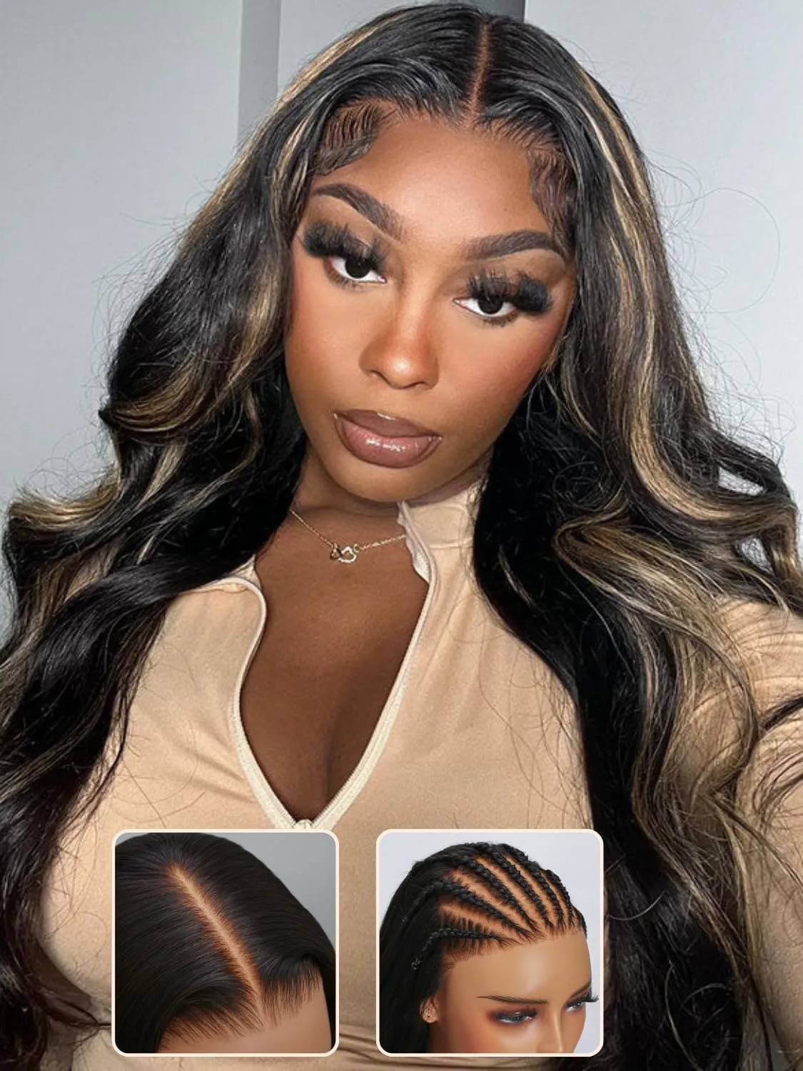 Nadula Bye Bye Knots Glueless Wig Blonde Highlight Body Wave Wig Human Hair Pre Plucked Chocolate Brown Pre Cut Lace 7x5 HD Wear and Go Wigs Ready to Wear Beginners Wig for Women 16inch