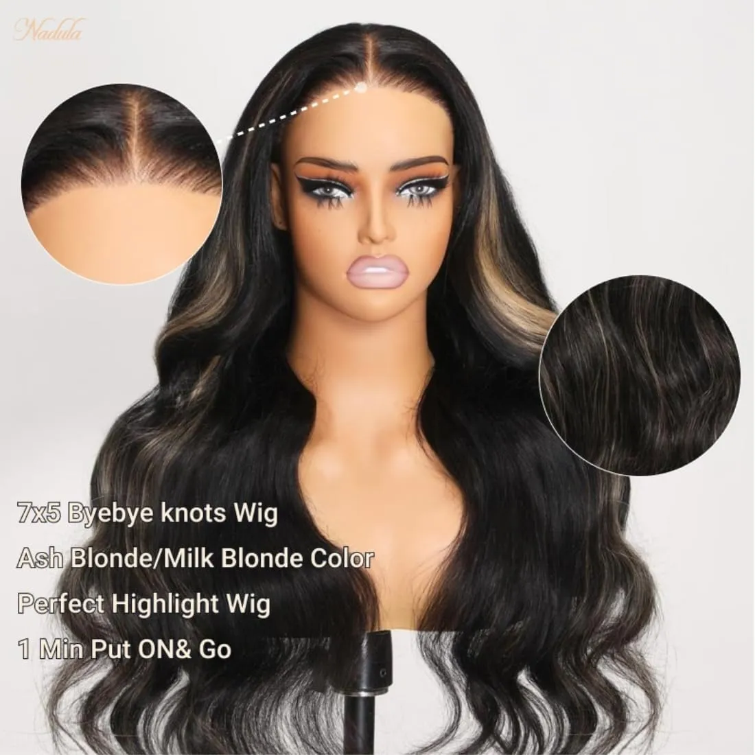 Nadula Bye Bye Knots Glueless Wig Blonde Highlight Body Wave Wig Human Hair Pre Plucked Chocolate Brown Pre Cut Lace 7x5 HD Wear and Go Wigs Ready to Wear Beginners Wig for Women 16inch