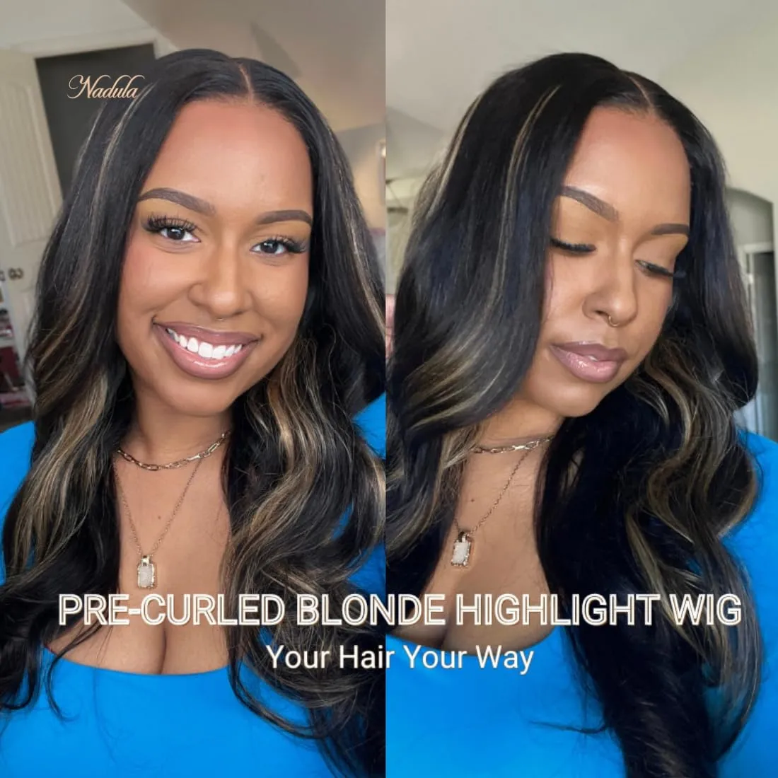 Nadula Bye Bye Knots Glueless Wig Blonde Highlight Body Wave Wig Human Hair Pre Plucked Chocolate Brown Pre Cut Lace 7x5 HD Wear and Go Wigs Ready to Wear Beginners Wig for Women 16inch