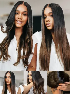 Nadula Bye Bye Knots Highlight Yaki Straight Glueless Wig Human Hair with Elastic Drawstring, Chestnut Brown Ombre Pre Cut 7x5 Invisible Knots HD Lace Front Wigs,Pre Everything Light Yaki Wig 18inch