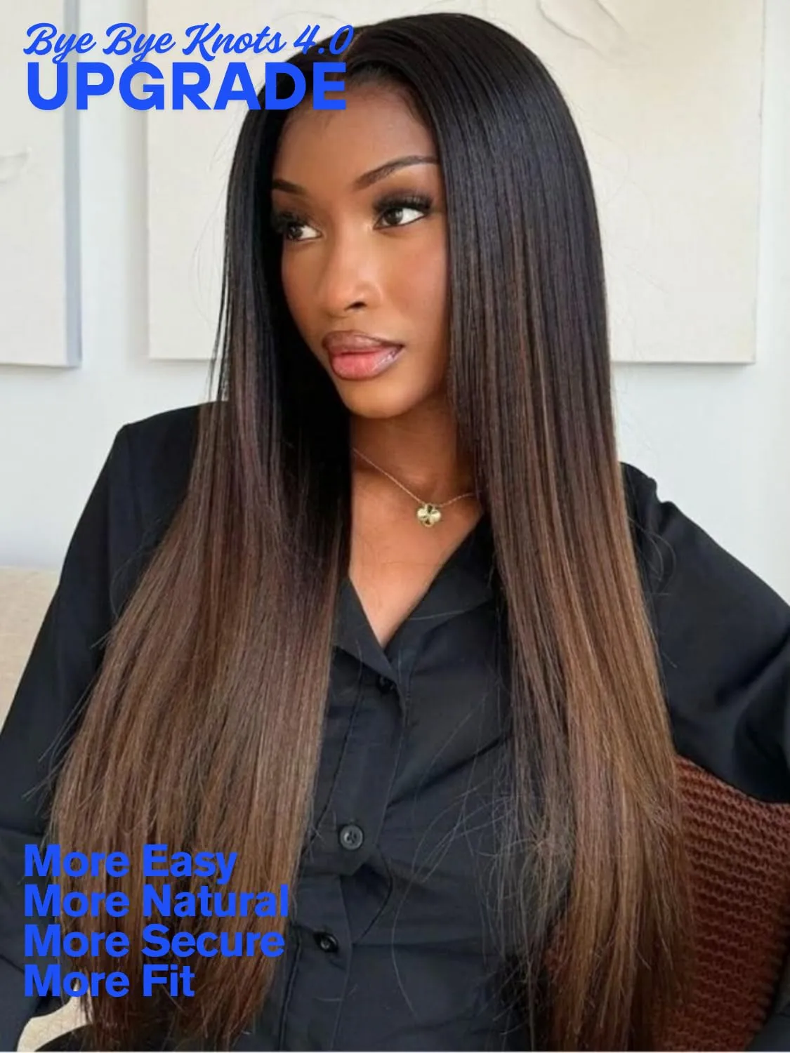 Nadula Bye Bye Knots Highlight Yaki Straight Glueless Wig Human Hair with Elastic Drawstring, Chestnut Brown Ombre Pre Cut 7x5 Invisible Knots HD Lace Front Wigs,Pre Everything Light Yaki Wig 18inch