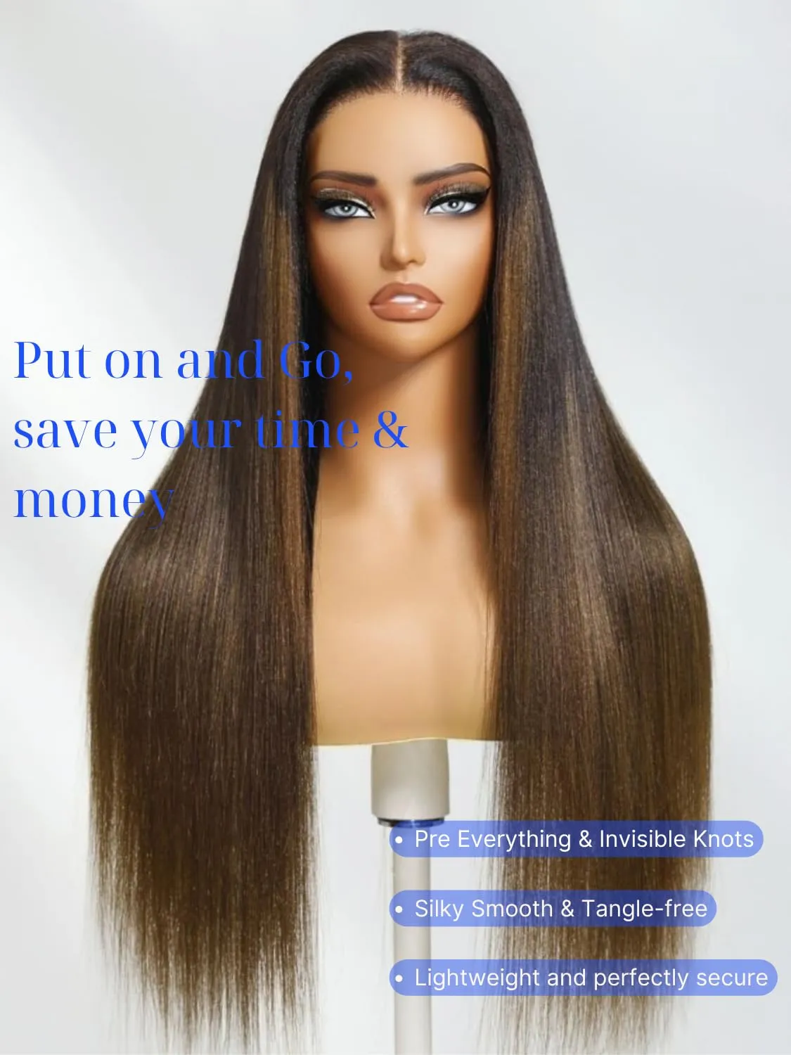 Nadula Bye Bye Knots Highlight Yaki Straight Glueless Wig Human Hair with Elastic Drawstring, Chestnut Brown Ombre Pre Cut 7x5 Invisible Knots HD Lace Front Wigs,Pre Everything Light Yaki Wig 18inch