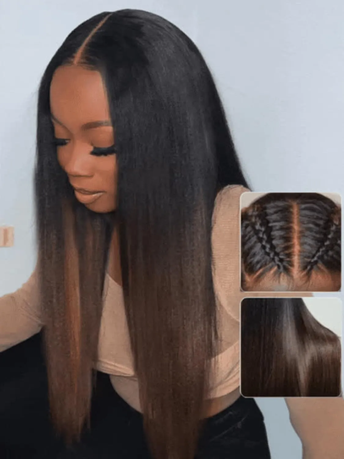 Nadula Bye Bye Knots Highlight Yaki Straight Glueless Wig Human Hair with Elastic Drawstring, Chestnut Brown Ombre Pre Cut 7x5 Invisible Knots HD Lace Front Wigs,Pre Everything Light Yaki Wig 18inch