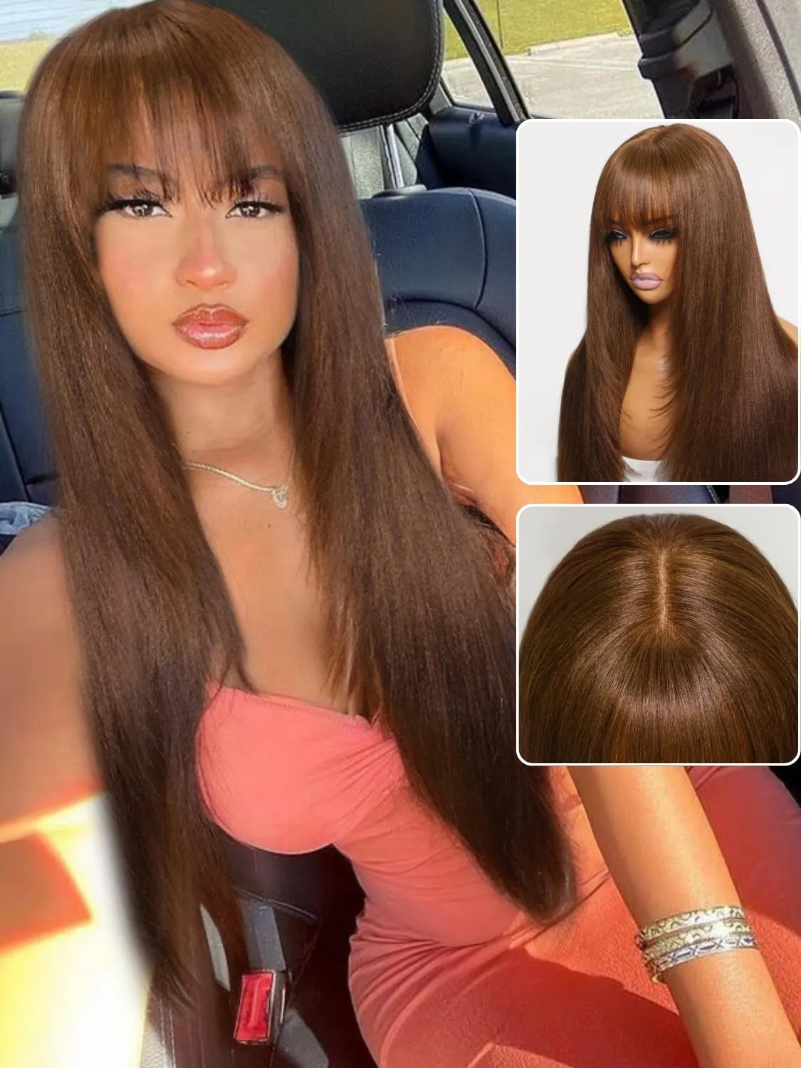 Nadula Hair Brown Yaki Straight Human Hair Glueless Wigs #4 Layer Cut Bang Wigs with 4x4x2 Lace, 100% Virgin Hair Chocolate Brown Wigs with Bangs for Women No Glue 180% Density 18inch