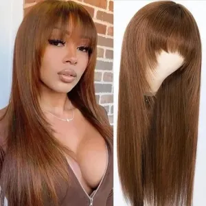 Nadula Hair Brown Yaki Straight Human Hair Glueless Wigs #4 Layer Cut Bang Wigs with 4x4x2 Lace, 100% Virgin Hair Chocolate Brown Wigs with Bangs for Women No Glue 180% Density 18inch