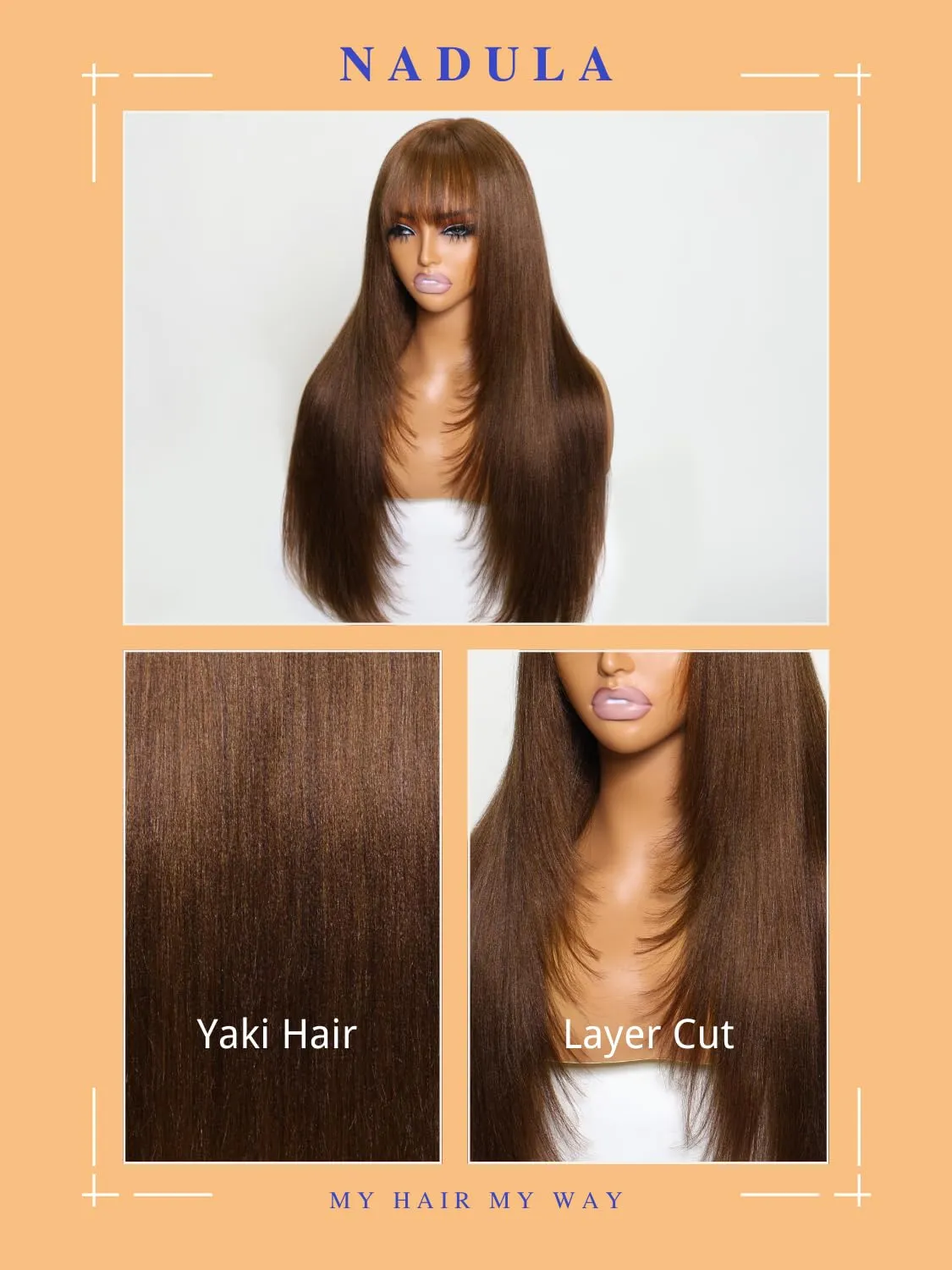 Nadula Hair Brown Yaki Straight Human Hair Glueless Wigs #4 Layer Cut Bang Wigs with 4x4x2 Lace, 100% Virgin Hair Chocolate Brown Wigs with Bangs for Women No Glue 180% Density 18inch
