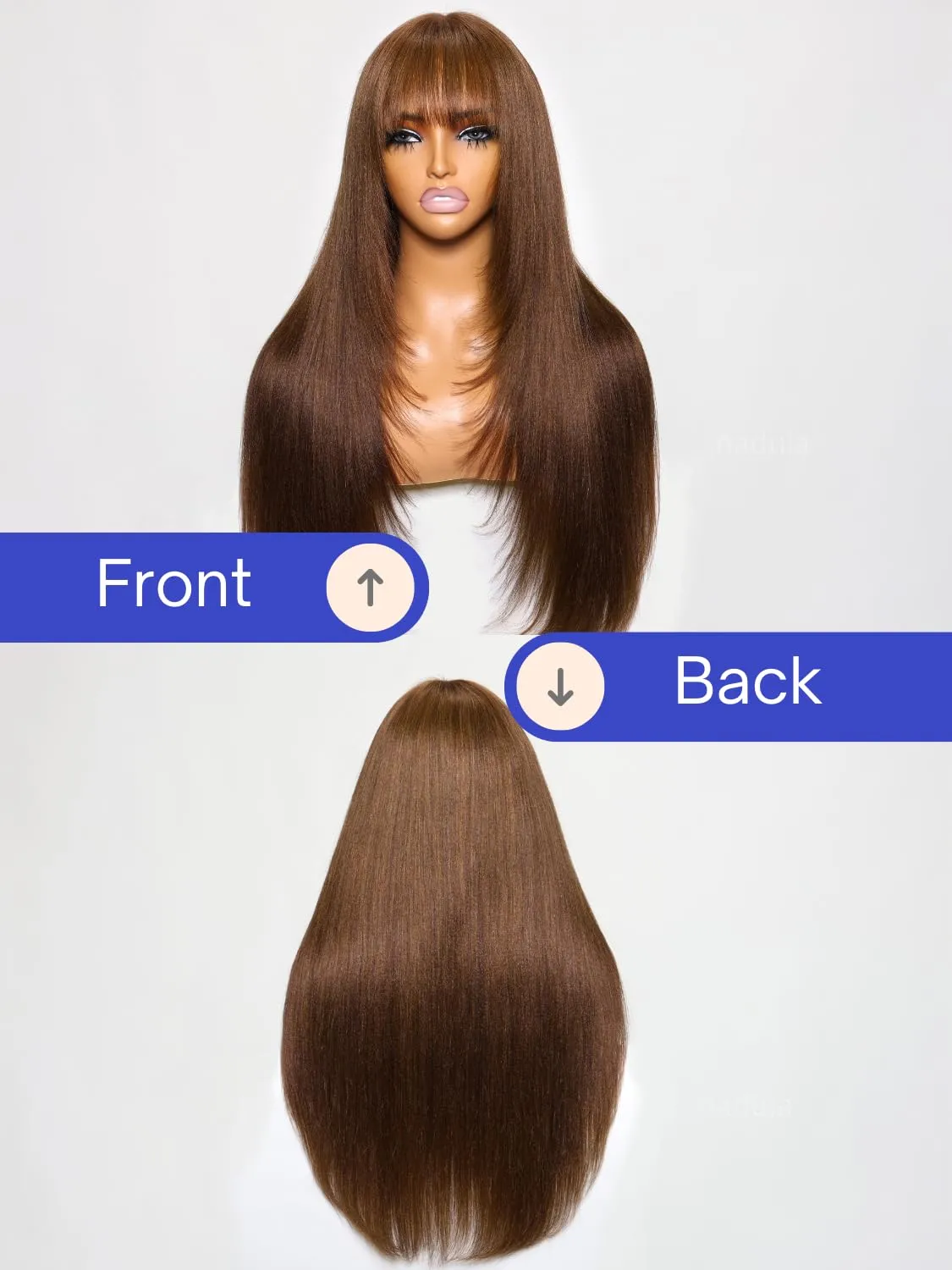 Nadula Hair Brown Yaki Straight Human Hair Glueless Wigs #4 Layer Cut Bang Wigs with 4x4x2 Lace, 100% Virgin Hair Chocolate Brown Wigs with Bangs for Women No Glue 180% Density 18inch