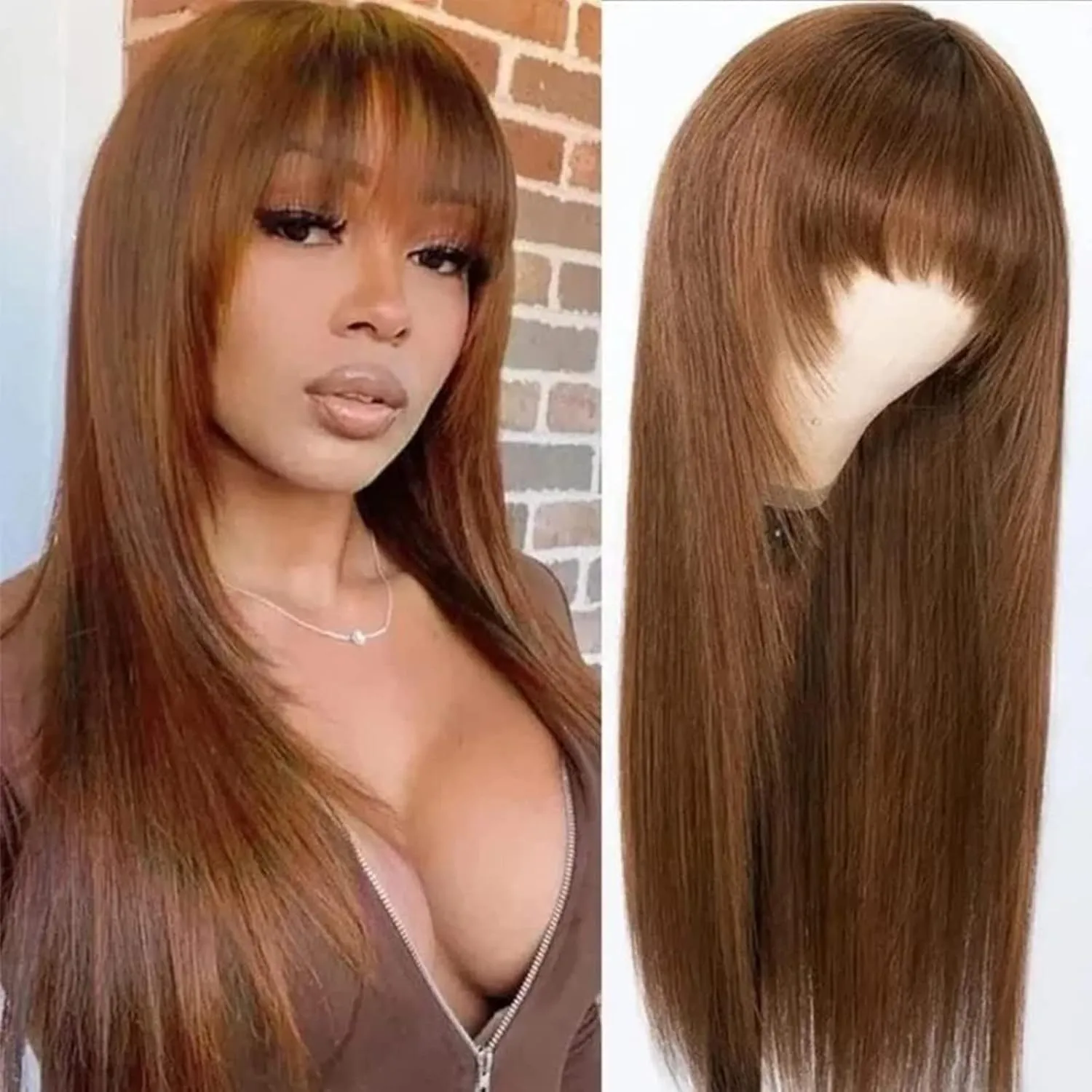 Nadula Hair Brown Yaki Straight Human Hair Glueless Wigs #4 Layer Cut Bang Wigs with 4x4x2 Lace, 100% Virgin Hair Chocolate Brown Wigs with Bangs for Women No Glue 180% Density 18inch