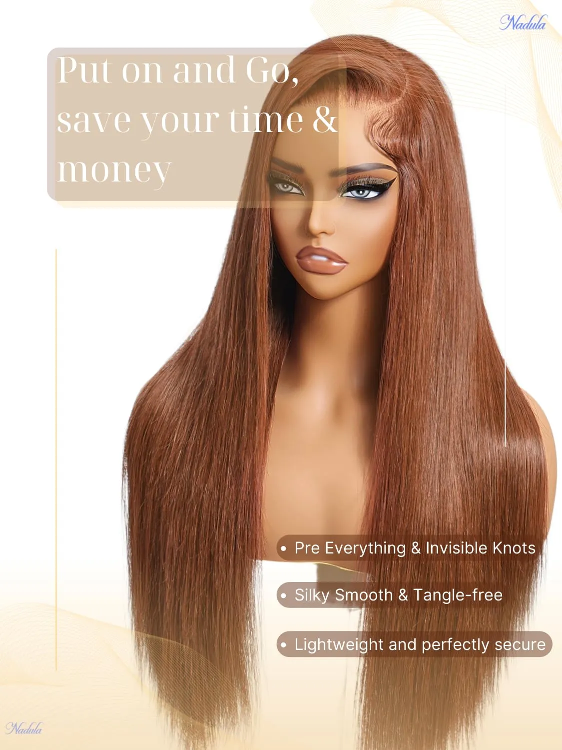 Nadula SHERIKA's Same Glossy Chestnut Straight Lace Frontal Wig Bye Bye Knots Glueless Pre-Everything Wig Human Hair 20 inch Pre-Cut 13x4 Lace Front Colored Wig with Invisible Knots