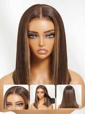 Nadula 7x5 HD Lace Front Bob Wig Bye Bye Knots Glueless Wig Human Hair Chocolate Brown with Caramel Highlights, Pre-Cut/Plucked/Bleached Wig Natural Look Straight Bob Wig for Women 150% Density 14Inch
