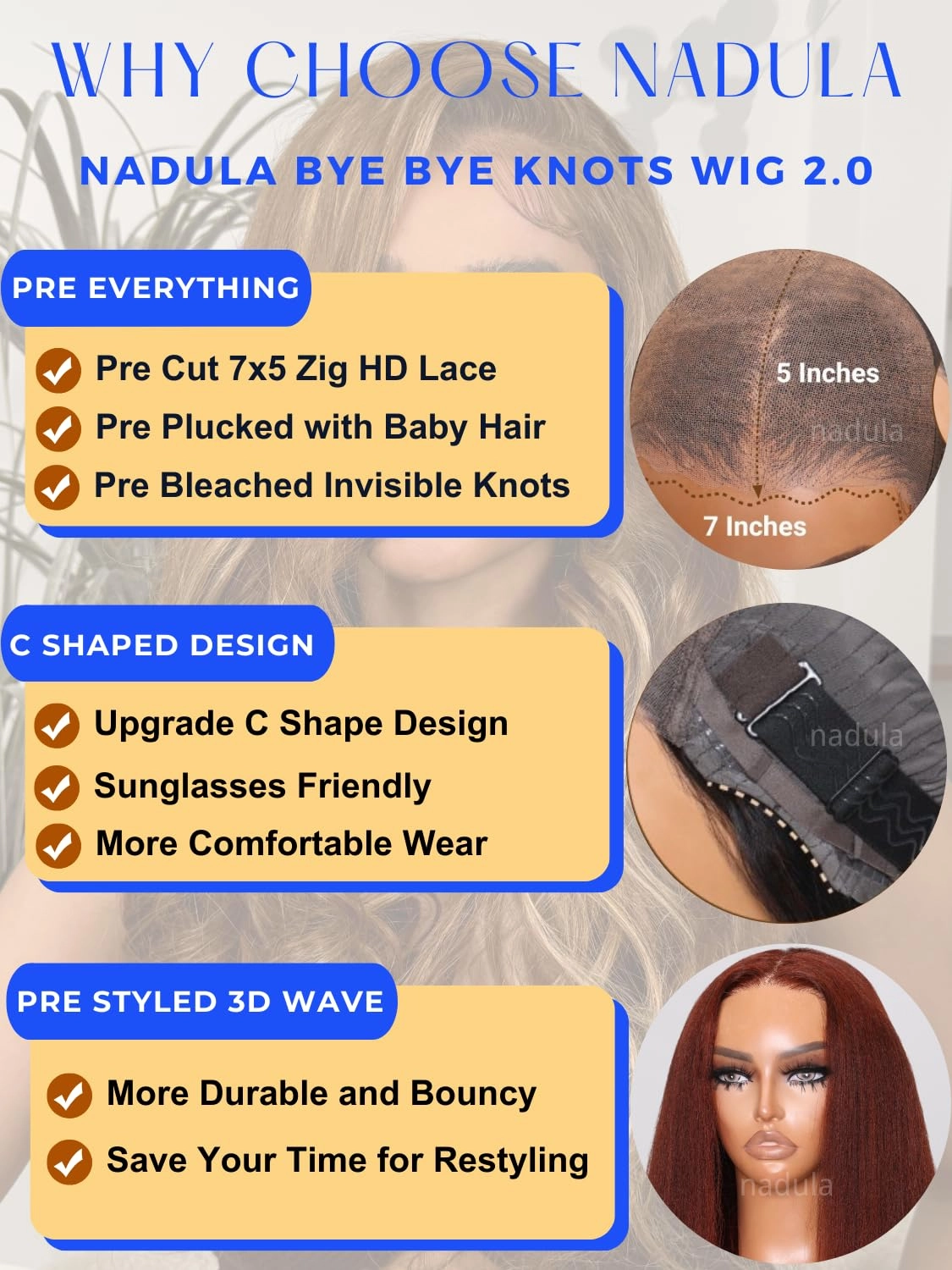Nadula Bye Bye Knots Glueless Reddish Brown Yaki Straight Wig Red Brown 7x5 HD Pre Cut Lace Lace Front Wig Human Hair Ready to Wear Wigs Pre Plucked 150% Density 18inch