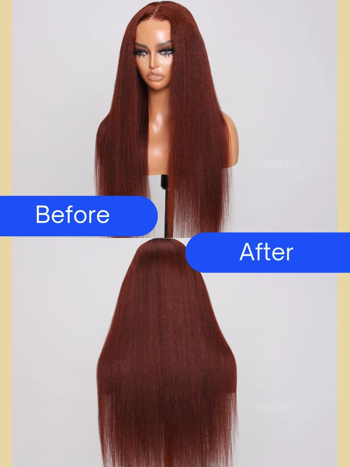 Nadula Bye Bye Knots Glueless Reddish Brown Yaki Straight Wig Red Brown 7x5 HD Pre Cut Lace Lace Front Wig Human Hair Ready to Wear Wigs Pre Plucked 150% Density 18inch