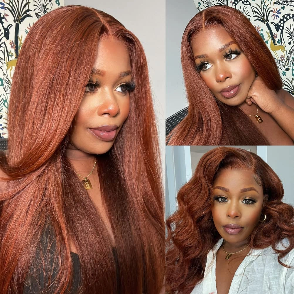 Nadula Bye Bye Knots Glueless Reddish Brown Yaki Straight Wig Red Brown 7x5 HD Pre Cut Lace Lace Front Wig Human Hair Ready to Wear Wigs Pre Plucked 150% Density 18inch