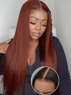Nadula Bye Bye Knots Glueless Reddish Brown Yaki Straight Wig Red Brown 7x5 HD Pre Cut Lace Lace Front Wig Human Hair Ready to Wear Wigs Pre Plucked 150% Density 18inch