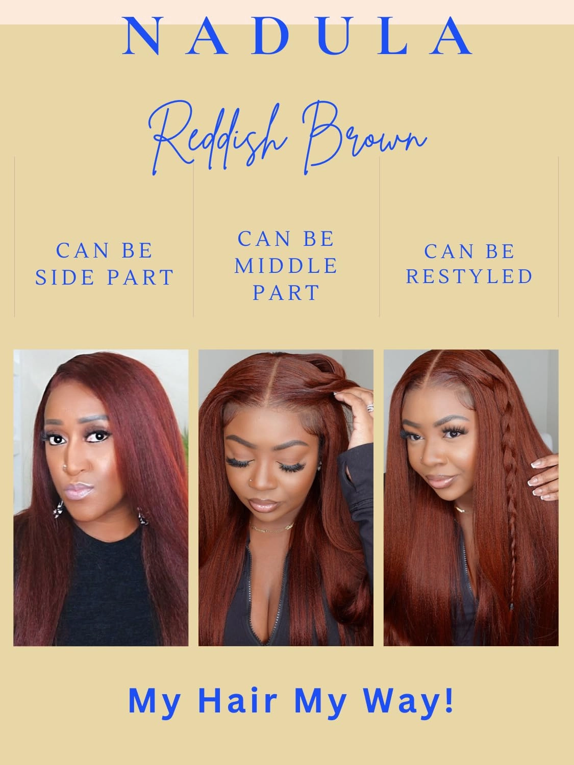 Nadula Bye Bye Knots Glueless Reddish Brown Yaki Straight Wig Red Brown 7x5 HD Pre Cut Lace Lace Front Wig Human Hair Ready to Wear Wigs Pre Plucked 150% Density 18inch