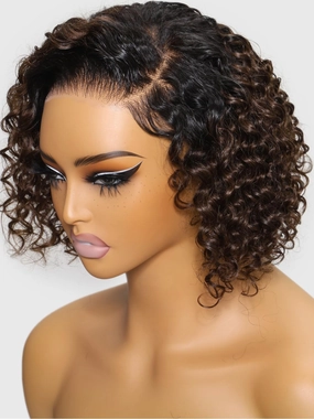 Nadula Bye Bye Knots Ombre Brown Wig 8inch Inch Short Curly Beyond Basics Bob Glueless Wigs Human Hair Pre Cut 7x5 HD Lace Closure Wig No Glue Pre-Everything Ready to Go Wig Pre-Plucked 150% Density