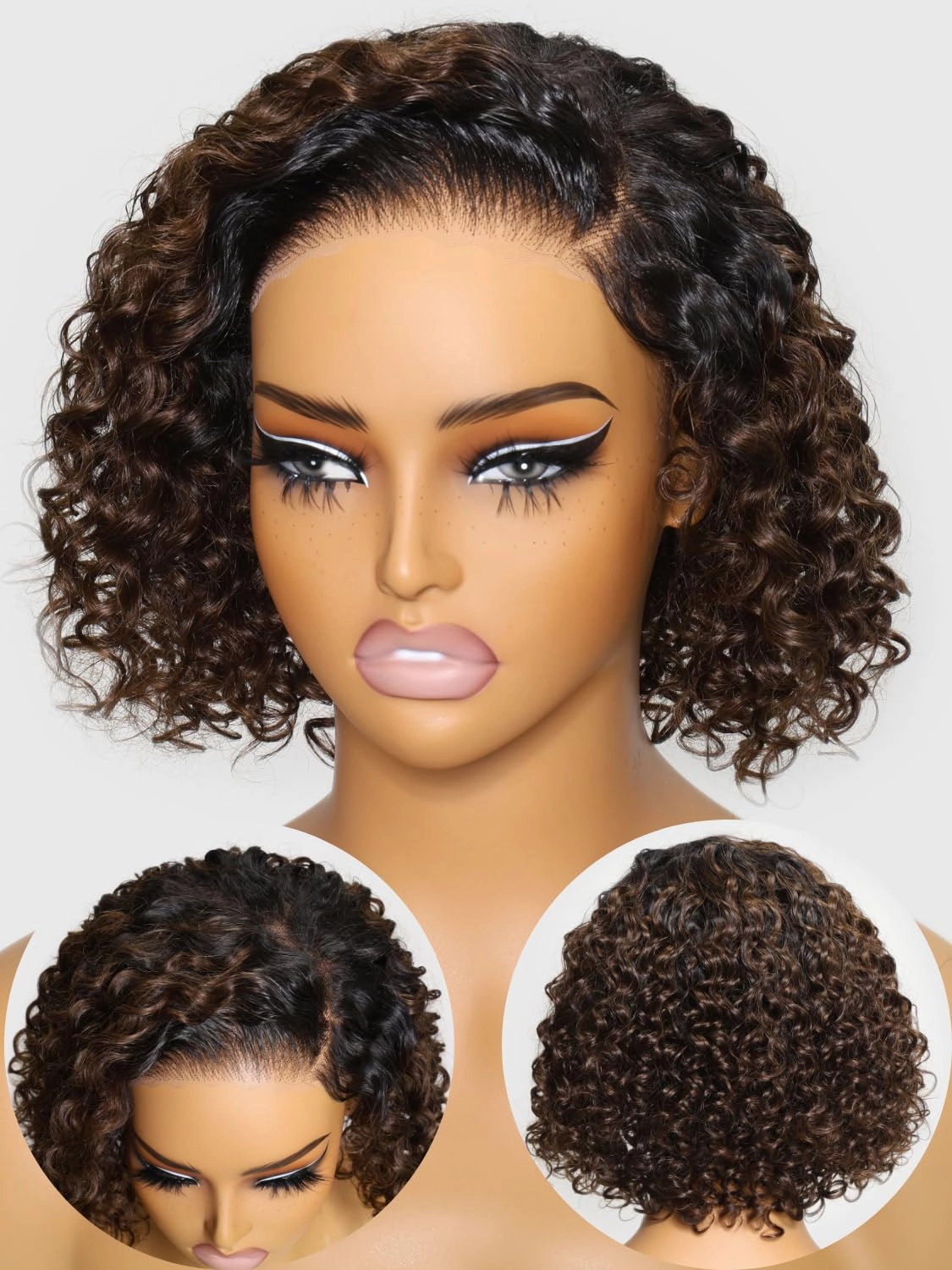 Nadula Bye Bye Knots Ombre Brown Wig 8inch Inch Short Curly Beyond Basics Bob Glueless Wigs Human Hair Pre Cut 7x5 HD Lace Closure Wig No Glue Pre-Everything Ready to Go Wig Pre-Plucked 150% Density