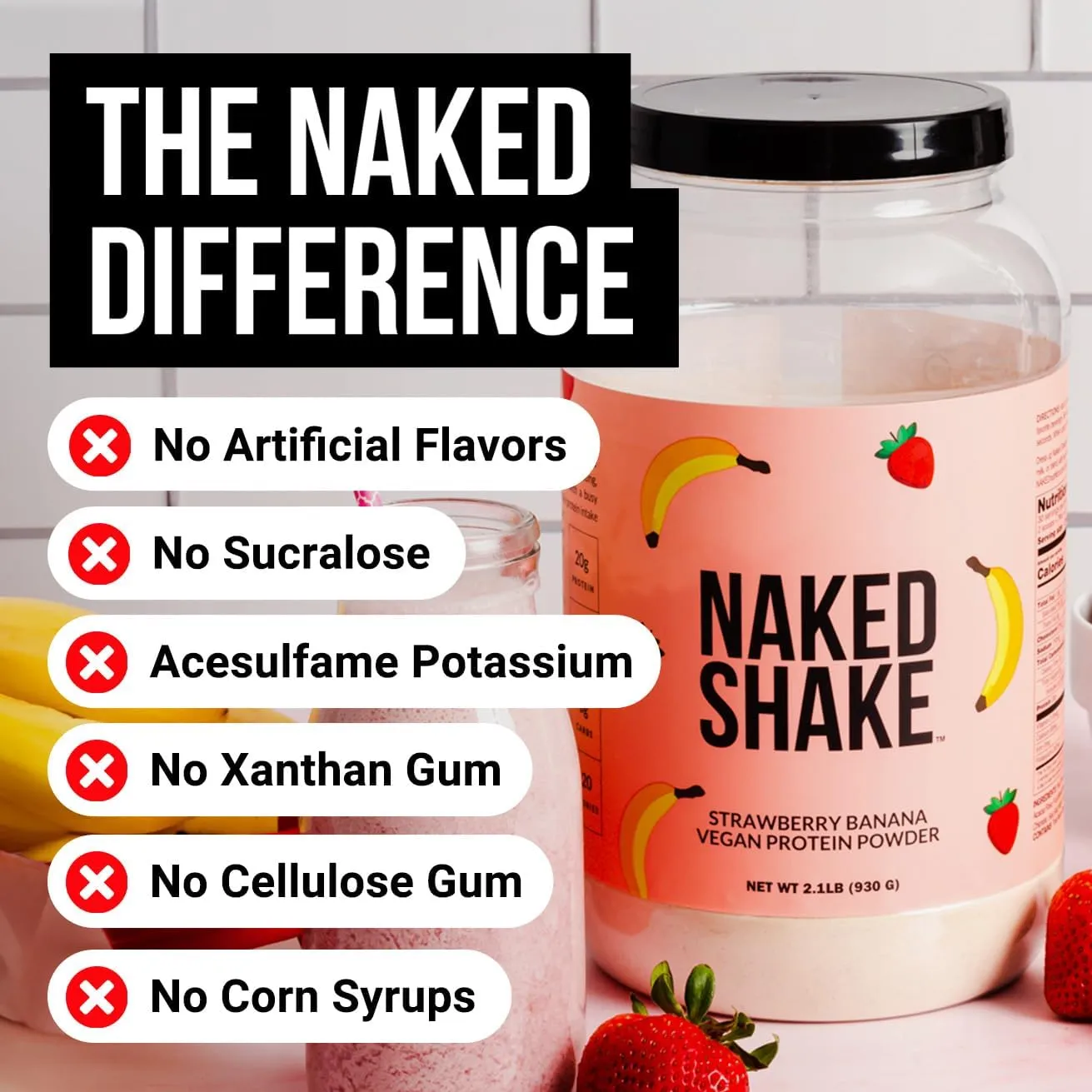 Naked Shake - Vegan Protein Powder, Strawberry Banana - Flavored Plant Based Protein With Mct Oil, Gluten-Free, Soy-Free, No Gmos Or Artificial Sweeteners - 30 Servings