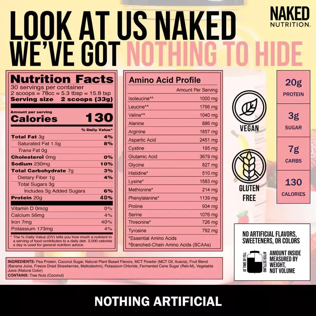 Naked Shake - Vegan Protein Powder, Strawberry Banana - Flavored Plant Based Protein With Mct Oil, Gluten-Free, Soy-Free, No Gmos Or Artificial Sweeteners - 30 Servings