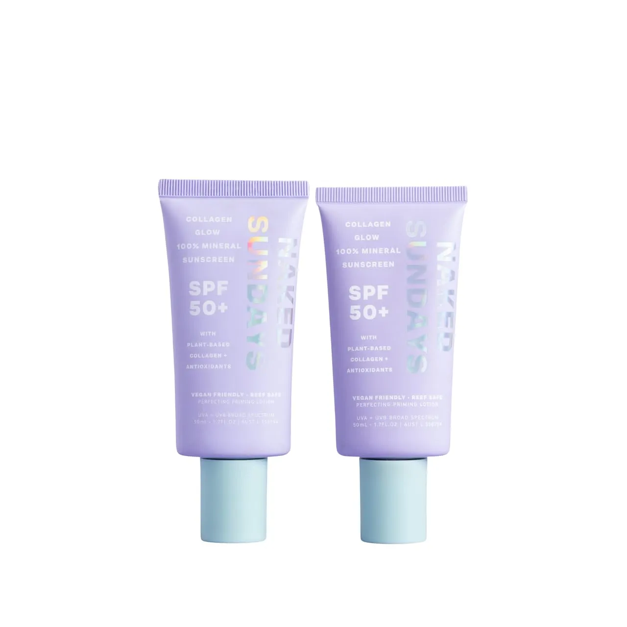 Naked Sundays SPF 50  Collagen Glow 100% Mineral Sunscreen, Hydrating SPF with Zinc Oxide, Vegan Collagen, Primer & Sheer Tint, Mineral SPF for Healthy Glow - 2 pack