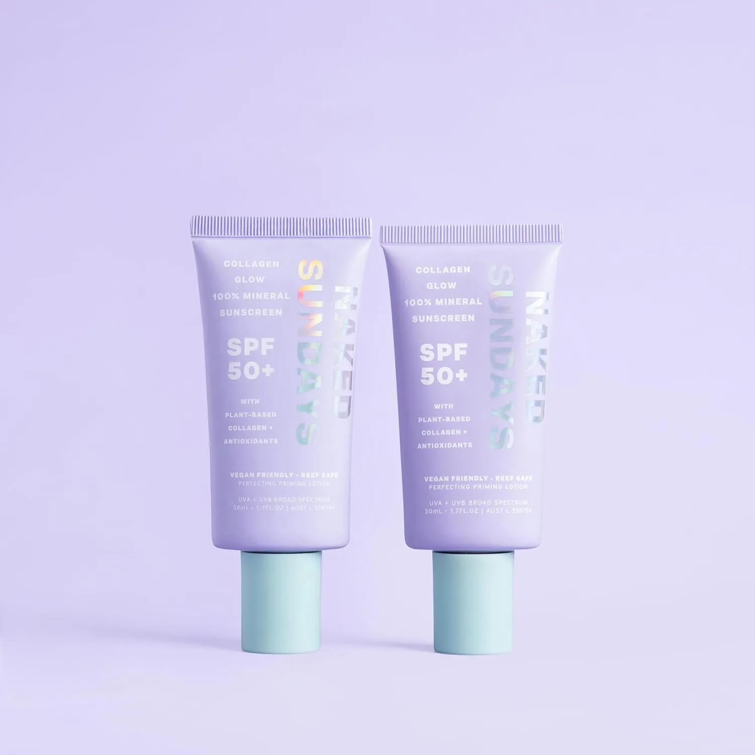 Naked Sundays SPF 50  Collagen Glow 100% Mineral Sunscreen, Hydrating SPF with Zinc Oxide, Vegan Collagen, Primer & Sheer Tint, Mineral SPF for Healthy Glow - 2 pack