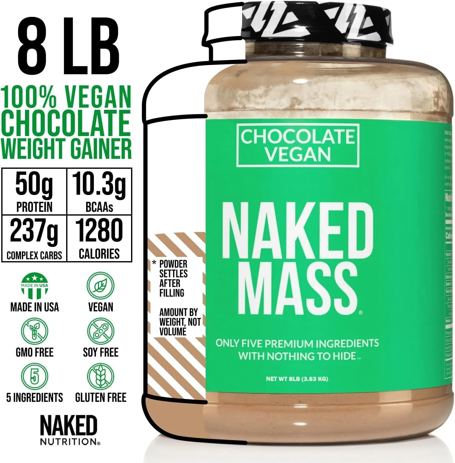 NAKED Vegan Mass - Chocolate Vegan Weight Gainer - 1,280 Calories, Non-GMO, Soy & Gluten Free, No Artificial Ingredients - 8LB Bulk - 11 Servings