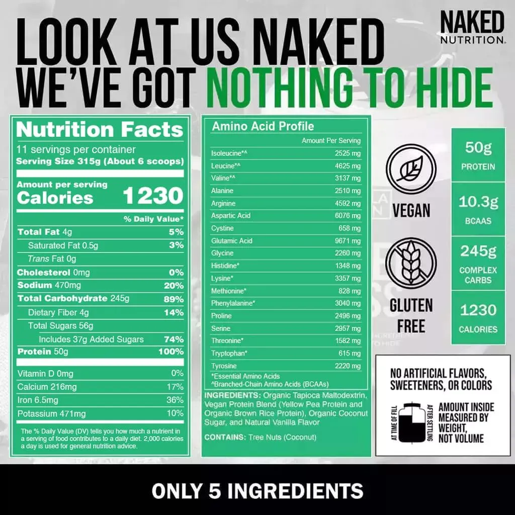 NAKED Vegan Mass - Vanilla Vegan Weight Gainer - 1,230 Calories, Non-GMO, Soy & Gluten Free, No Artificial Ingredients - 8LB Bulk - 11 Servings