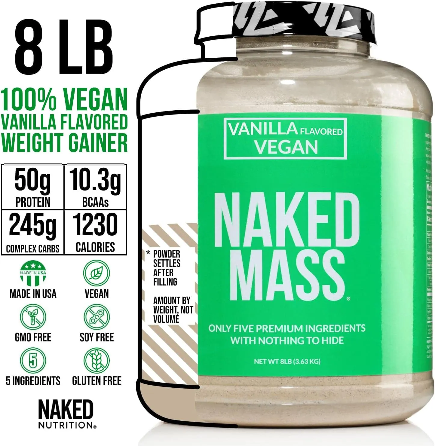 NAKED Vegan Mass - Vanilla Vegan Weight Gainer - 1,230 Calories, Non-GMO, Soy & Gluten Free, No Artificial Ingredients - 8LB Bulk - 11 Servings