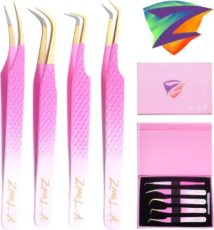 Nano Fiber Tip Professional Eyelash Extension Tweezers, a pack of 4, Quality tweezers made with Japanese Stainless Steel, FREE Eyelash Separator. (Pink and White)