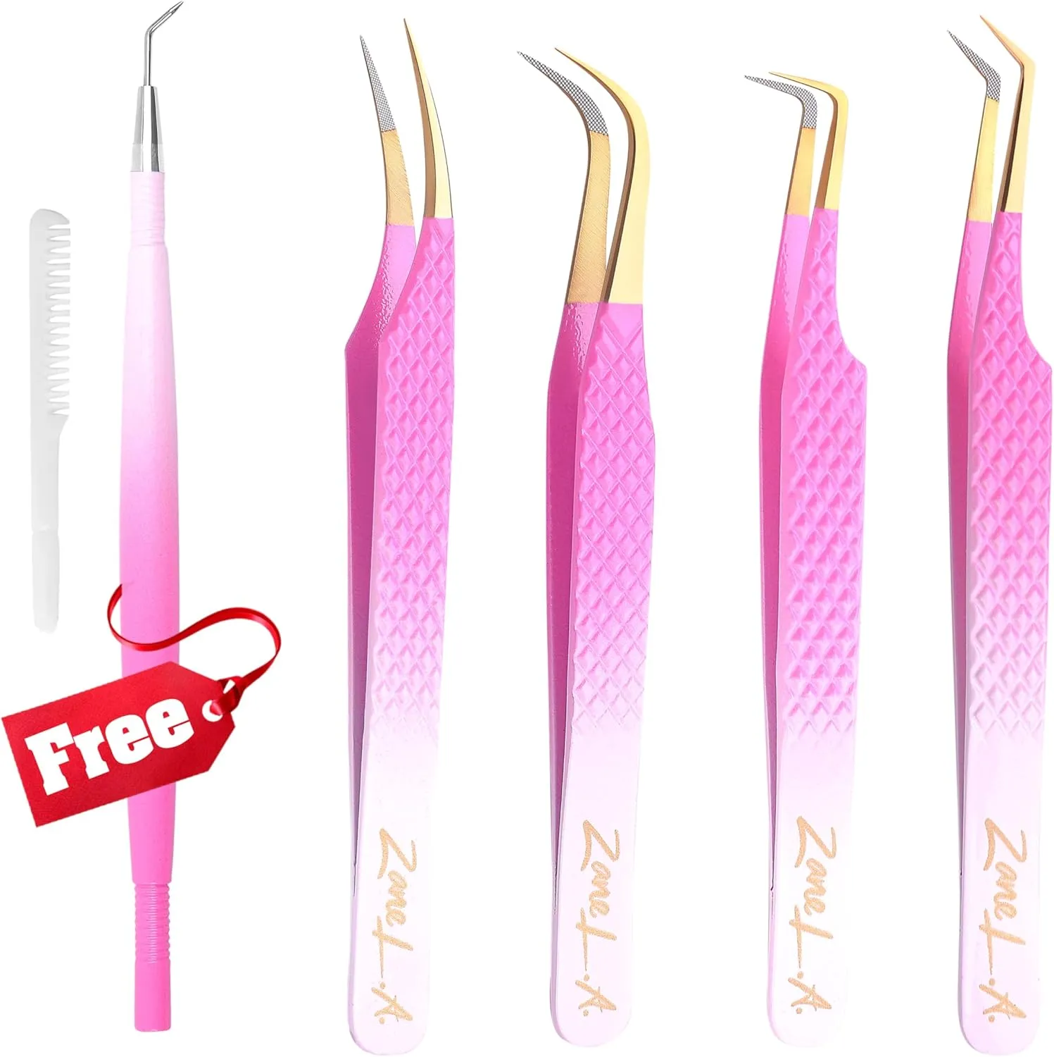 Nano Fiber Tip Professional Eyelash Extension Tweezers, a pack of 4, Quality tweezers made with Japanese Stainless Steel, FREE Eyelash Separator. (Pink and White)