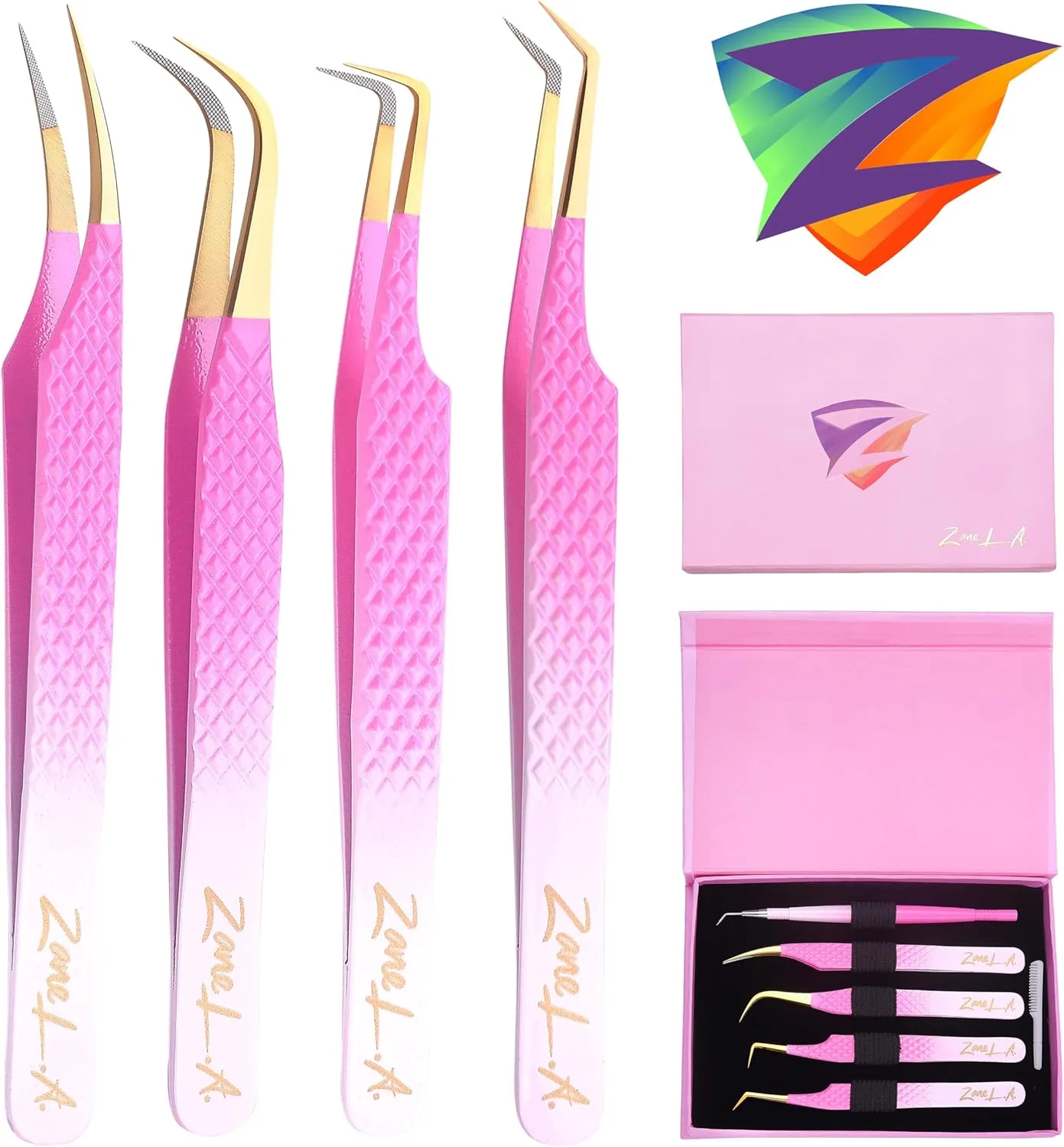 Nano Fiber Tip Professional Eyelash Extension Tweezers, a pack of 4, Quality tweezers made with Japanese Stainless Steel, FREE Eyelash Separator. (Pink and White)