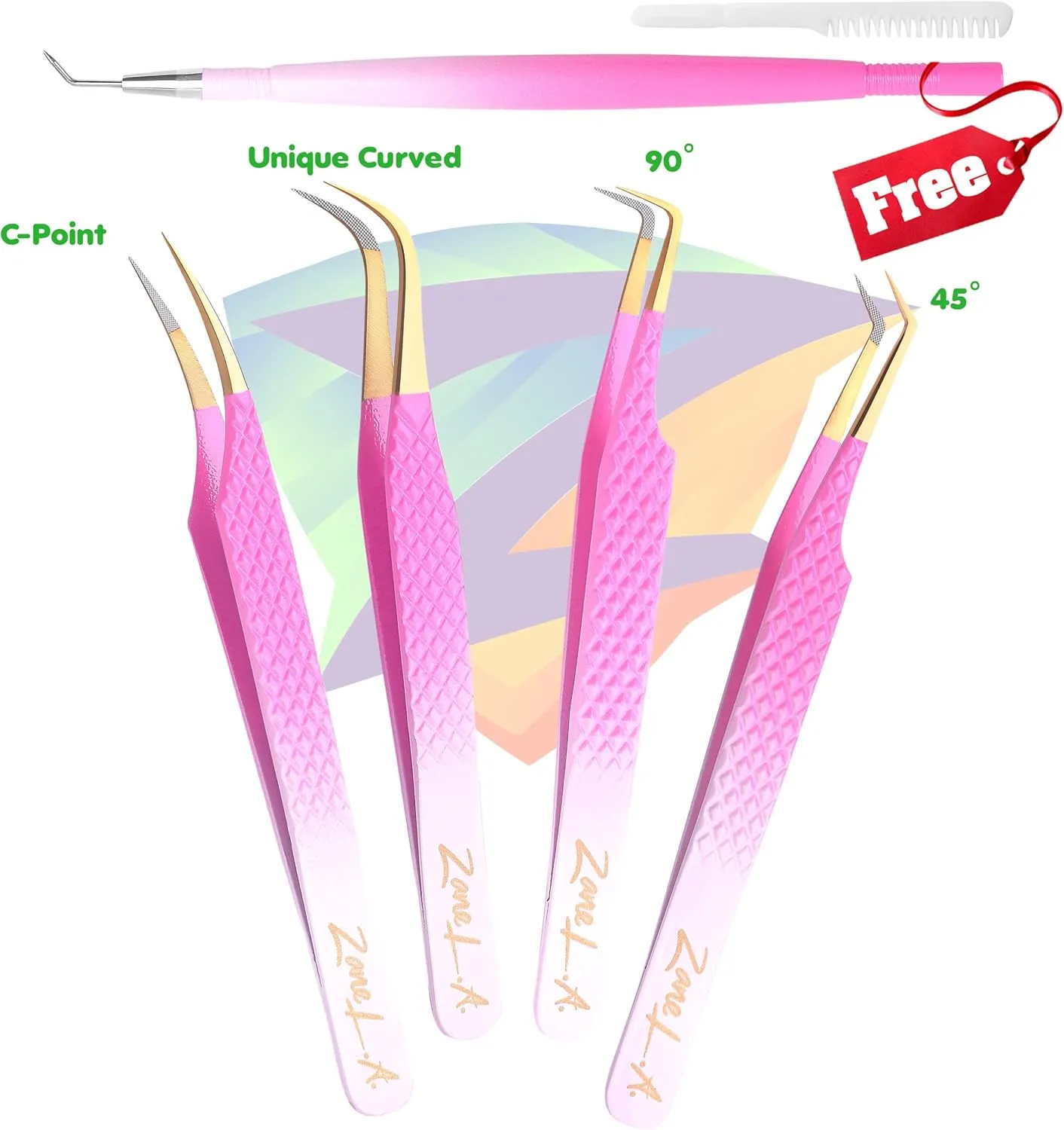 Nano Fiber Tip Professional Eyelash Extension Tweezers, a pack of 4, Quality tweezers made with Japanese Stainless Steel, FREE Eyelash Separator. (Pink and White)