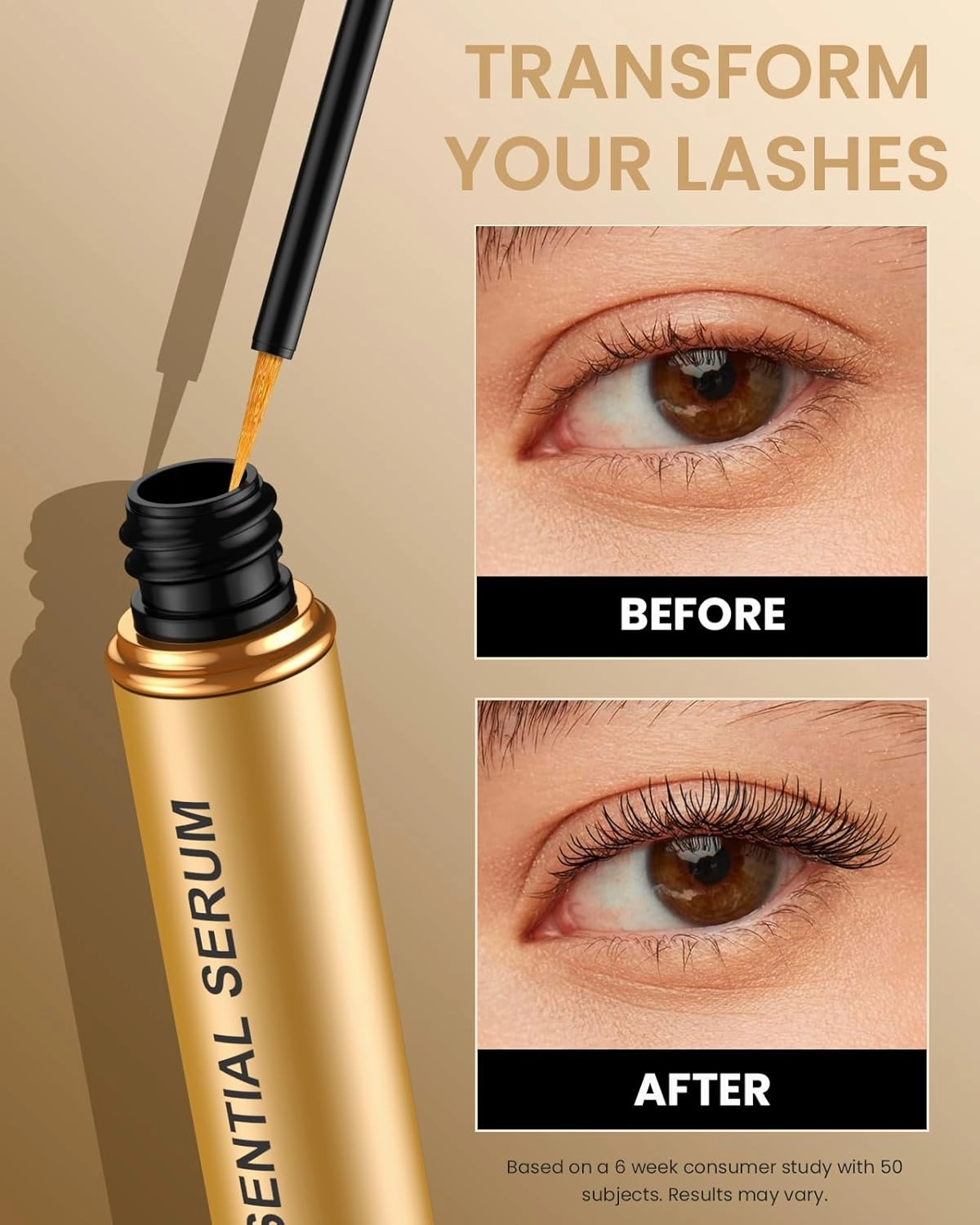 Natural Cosmetic Eyelash Serum for Longer, Thicker Lashes & Brows, Boost Lash Serum Vegan & Cruelty-Free - Niacinamide, Centella Asiatica Leaf Extract (15 mL Gold)