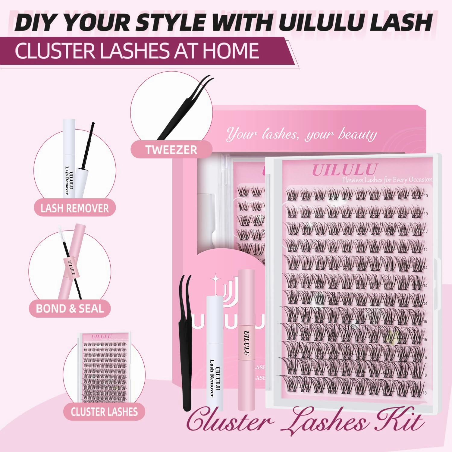Natural Lash Clusters Kit 10-18mm Mix D Curl DIY Extension Eye Natural Lashes False Wispy EyeLash Cluster with Bond & Seal, Glue Remover, Tweezers(U26)