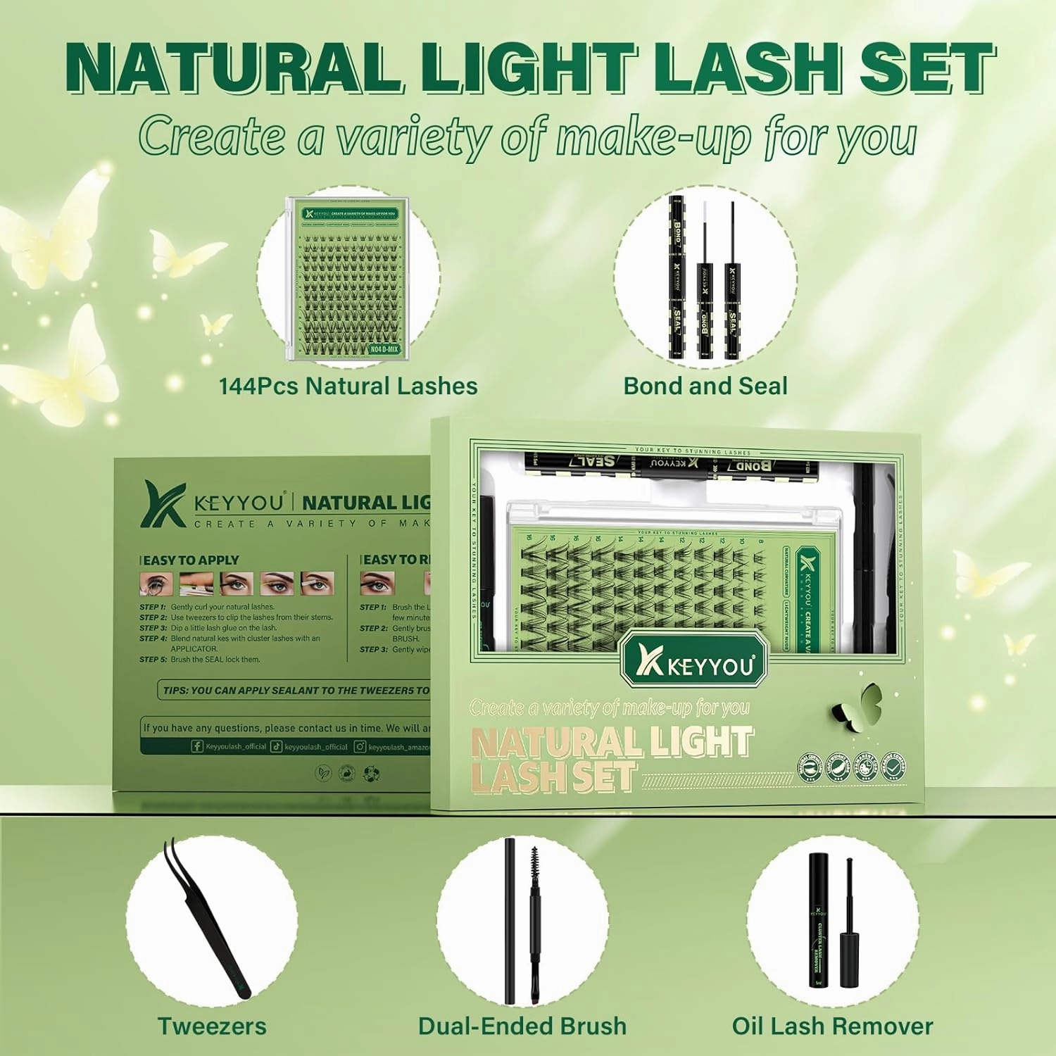 Natural Lash Clusters Kit 144Pcs DIY Lash Extension Kit Wispy Eyelash Extensions Kit D Curl 8-18MIX with Bond and Seal and tweezers with Thin Lash Band by KEYYOU（KIT-N04-D-8-18MIX）