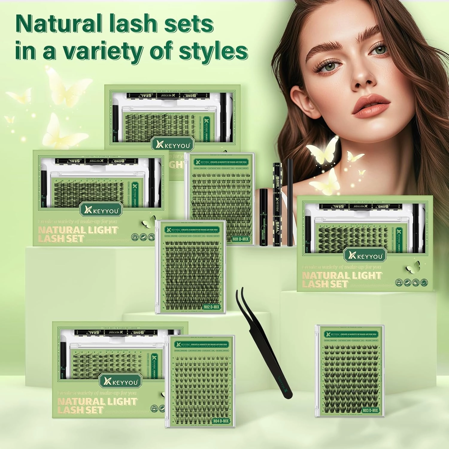 Natural Lash Clusters Kit 144Pcs DIY Lash Extension Kit Wispy Eyelash Extensions Kit D Curl 8-18MIX with Bond and Seal and tweezers with Thin Lash Band by KEYYOU（KIT-N04-D-8-18MIX）