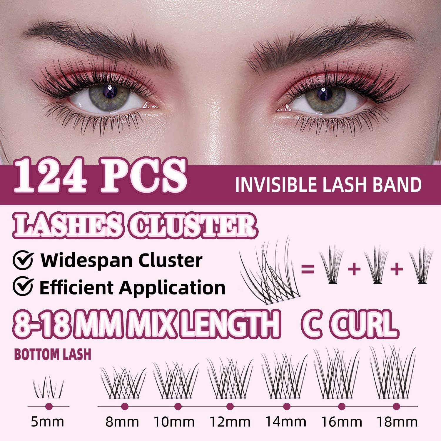 Natural Lash Clusters Kit 8-18mm with 5mm Bottom Lashes Natural Eye Lashes Wispy Lash Clusters False Eyelash Clusters DIY Lash Extension Kit with Bond & Seal Glue Remover Tweezers(U18 Lash Kit)