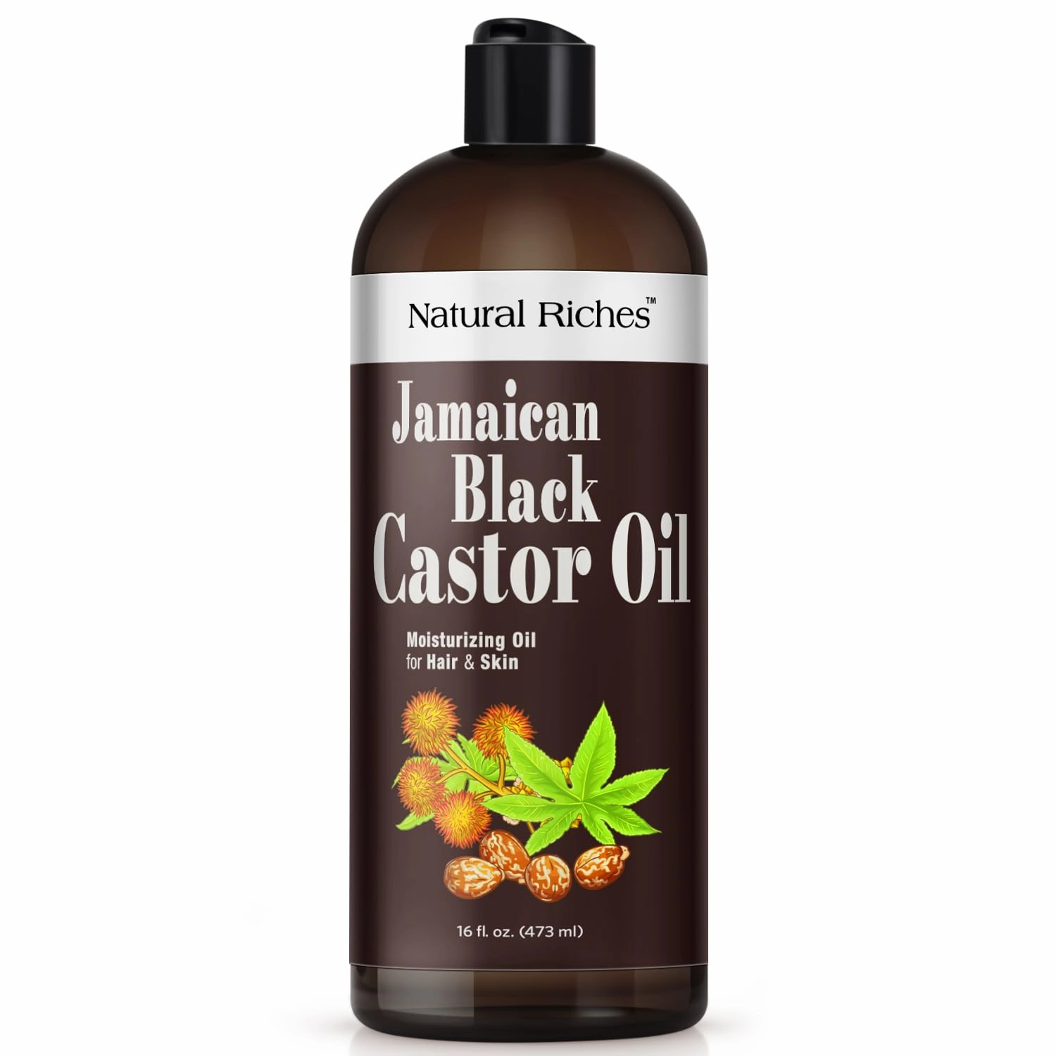 Natural Riches Jamaican Black Castor Oil Pure Organic Cold Pressed for Hair Growth Skin Care for Dry Skin Conditioning Eyebrows Eyelashes Scalp and Nail Moisturizes & Repairs 16fl.oz.