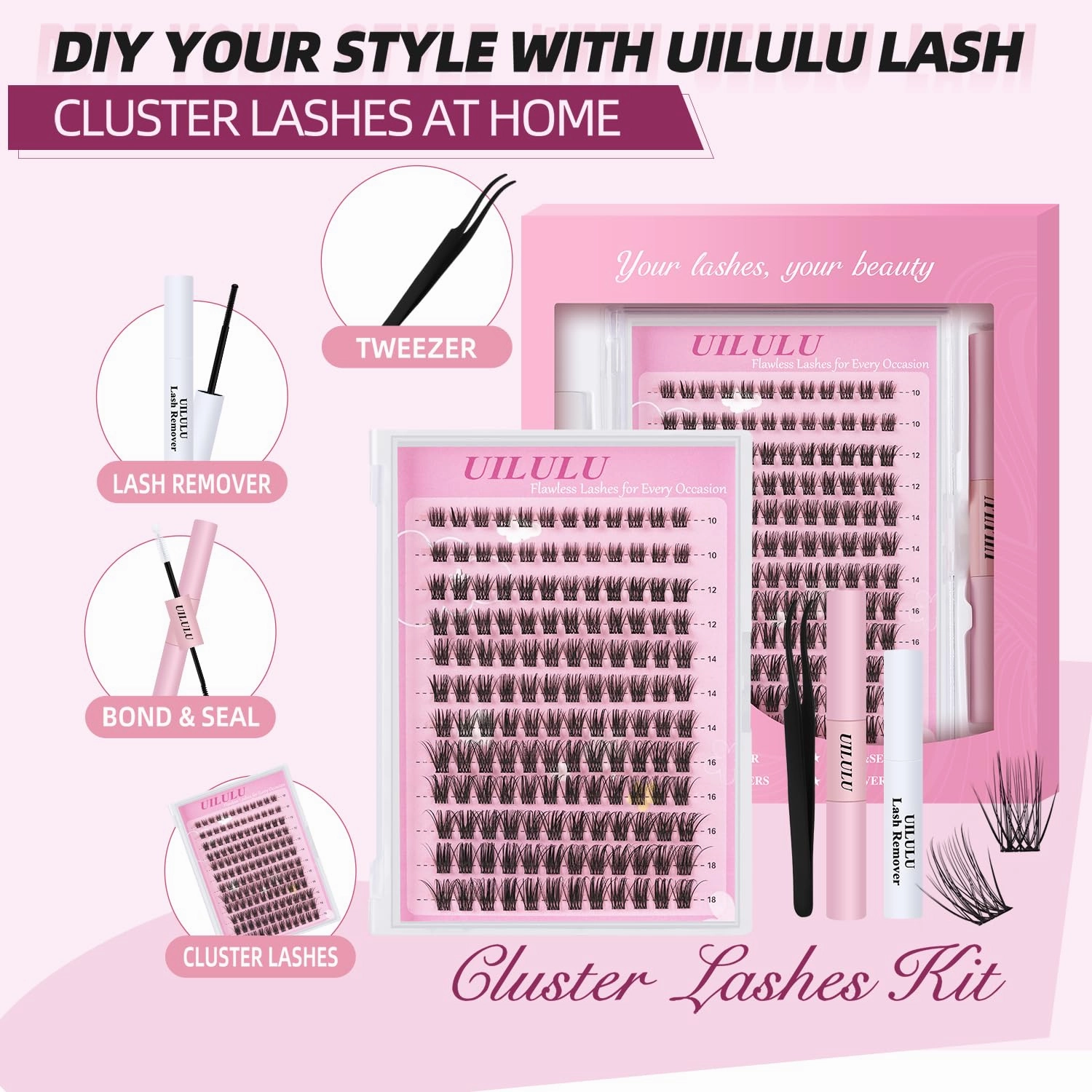 Natural Wispy Lash Clusters Kit 10-18mm Mix D Curl DIY Extension Eye Lashes False Wispy EyeLash Cluster with Bond & Seal, Glue Remover, Tweezers(U14)