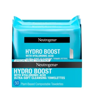Neutrogena Hydro Boost Face Wipes   Hyaluronic Acid, Hydrating Makeup Remover Wipes Remove Dirt & Waterproof Makeup, Hypoallergenic, 100% Plant-Based Cloth, 2 x 25 ct