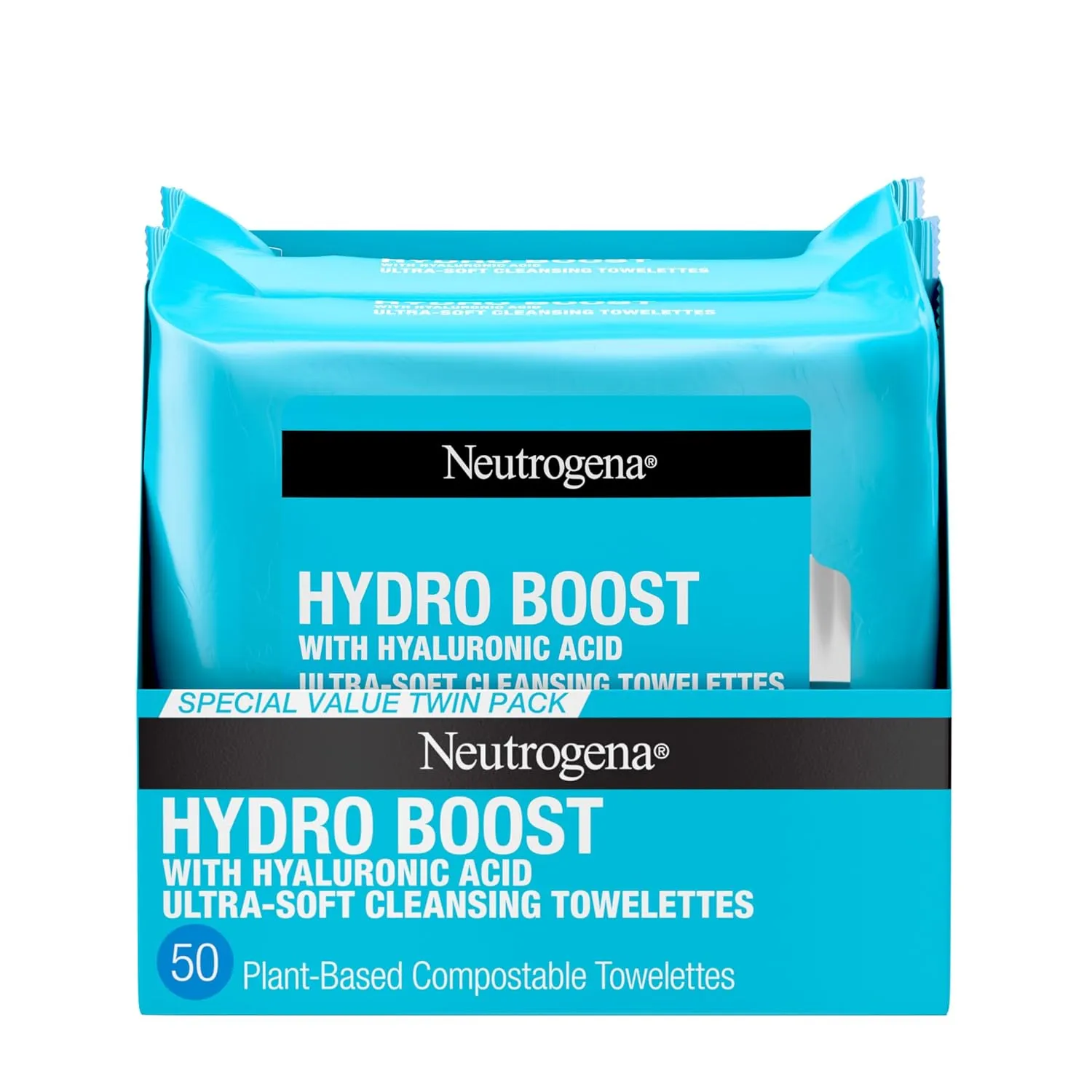 Neutrogena Hydro Boost Face Wipes   Hyaluronic Acid, Hydrating Makeup Remover Wipes Remove Dirt & Waterproof Makeup, Hypoallergenic, 100% Plant-Based Cloth, 2 x 25 ct