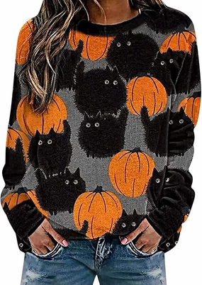 Neyaolk Pumpkin-Sweatshirt Halloween Crewneck Shirt - Cats Graphic Printed Long Sleeve Loose Pullover Top