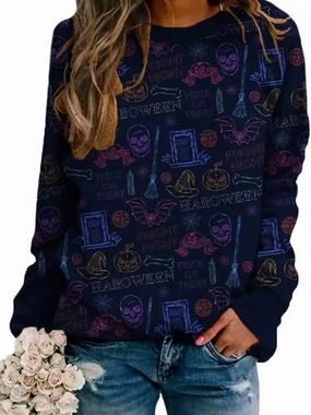 Neyaolk Pumpkin-Sweatshirt Halloween Crewneck Shirt - Cats Graphic Printed Long Sleeve Loose Pullover Top