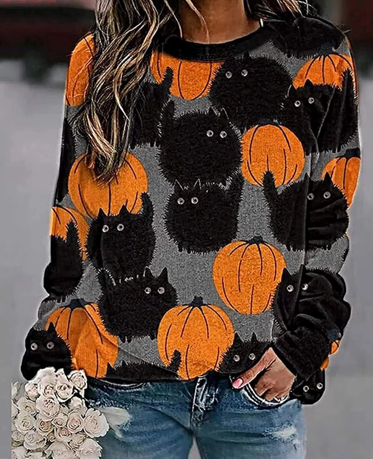 Neyaolk Pumpkin-Sweatshirt Halloween Crewneck Shirt - Cats Graphic Printed Long Sleeve Loose Pullover Top