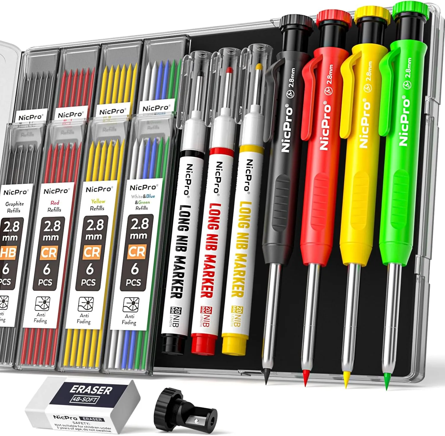 Nicpro 4 Pack Carpenter Pencil with Sharpener, Construction Mechanical Pencils Set with 48 Refills, Heavy Duty Marking Tool, Deep Hole Marker Pens for Architect Marking(Red, Black, Yellow, Blue)