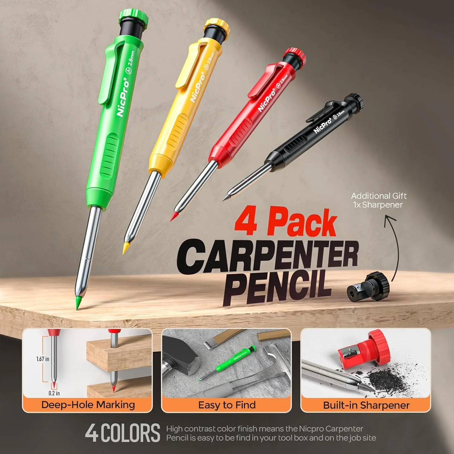 Nicpro 4 Pack Carpenter Pencil with Sharpener, Construction Mechanical Pencils Set with 48 Refills, Heavy Duty Marking Tool, Deep Hole Marker Pens for Architect Marking(Red, Black, Yellow, Blue)